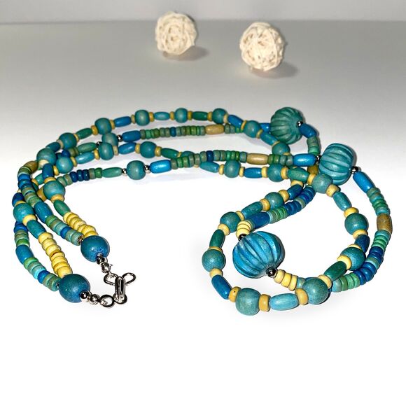 Vintage Teal Beige Wood Necklace Multi Strand Beads Boho Layered Beaded - Picture 6 of 8